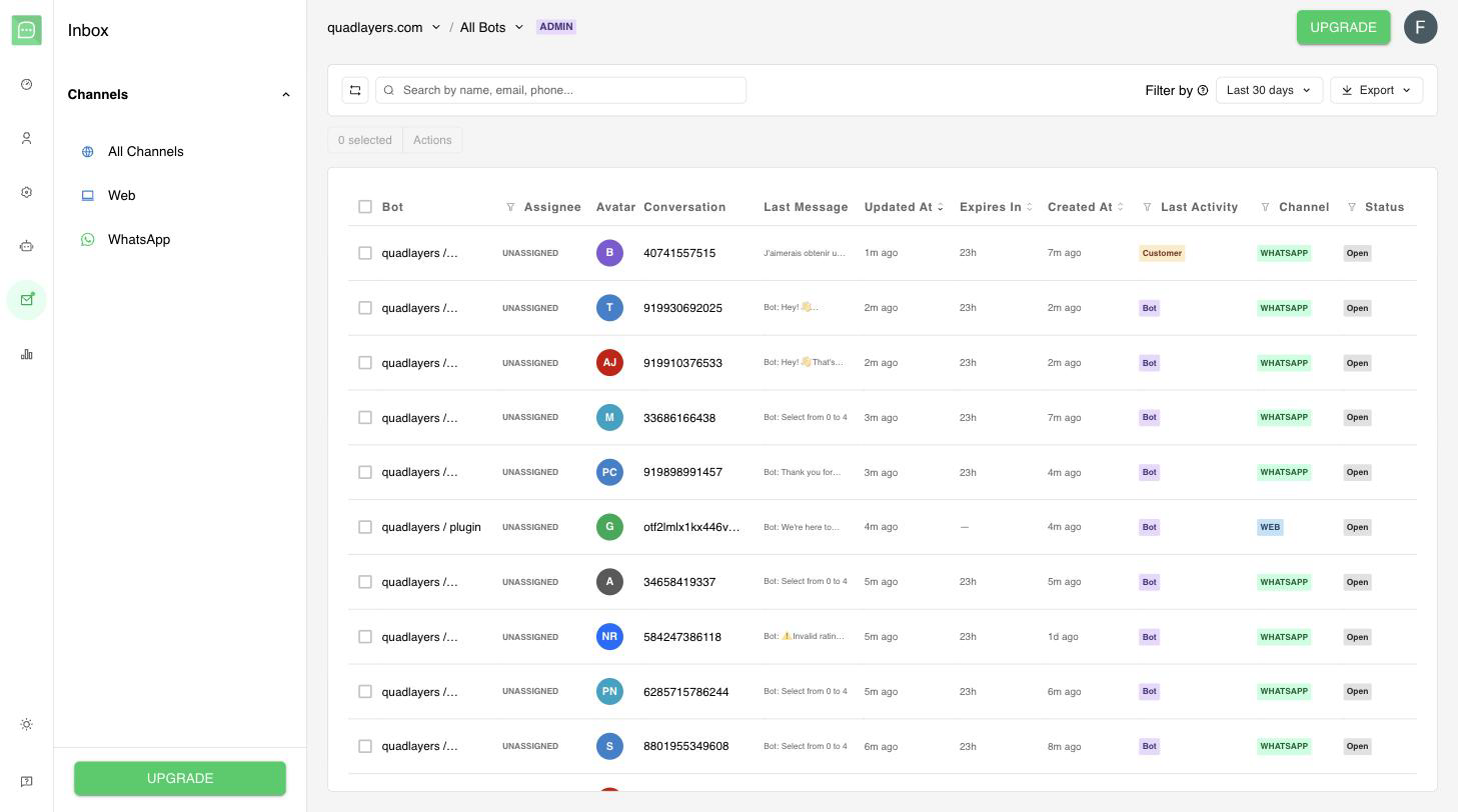 Quick.Bot shared team inbox with per-conversation assignee, channel and status
